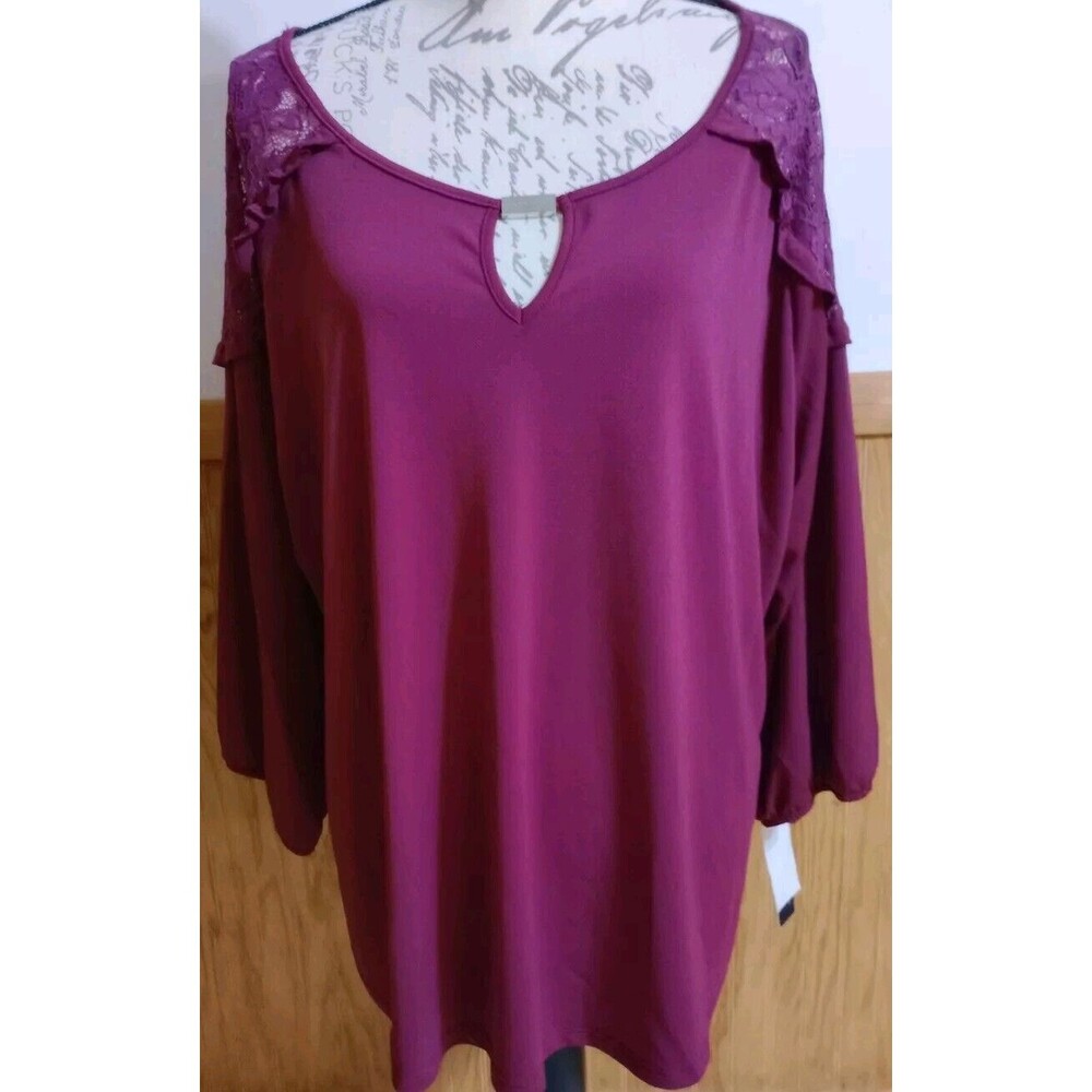 Adrienne Vittadini Women's Pullover LS Blouse Maroon Plus 3X Lace Trim New NWT